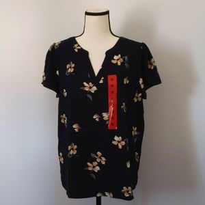 Hilary Radley V-neck Floral Printed Blouse Dark Blue Size Medium NWT